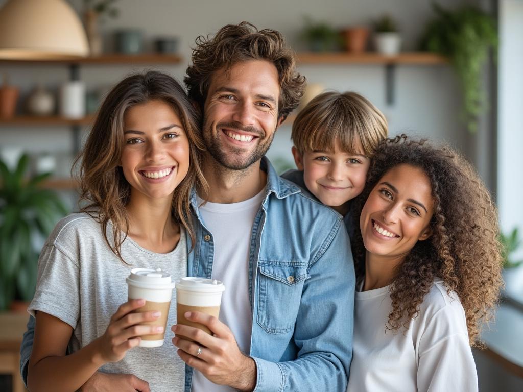 Familia sonriente con dos adultos y dos niños abrazados, sosteniendo vasos de café en un entorno acogedor.