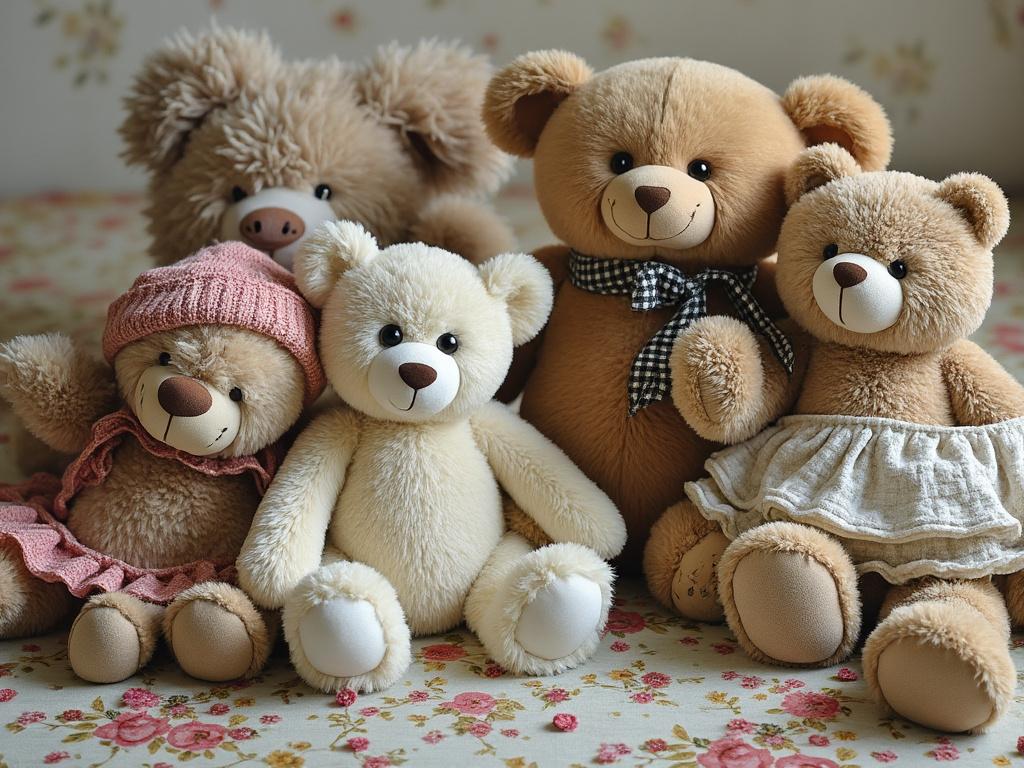 Group of five plush teddy bears with various outfits on a floral-patterned background.