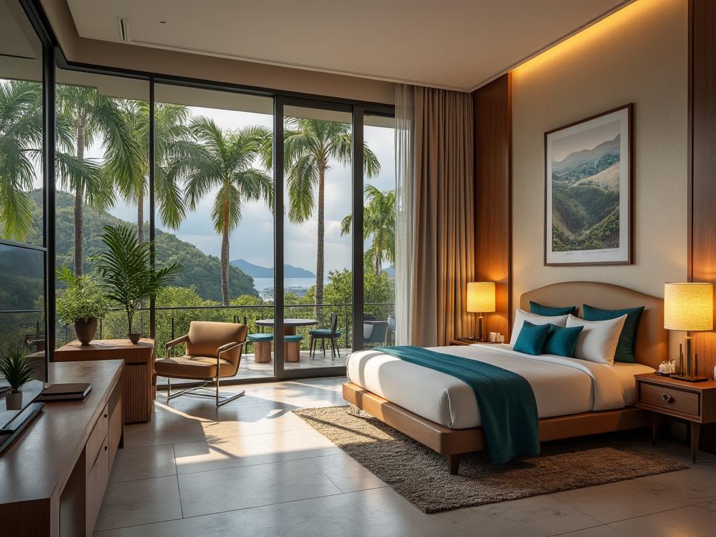 Habitación moderna con cama grande y vista a palmeras y montañas a través de ventanales, decorada con tonos neutros y detalles en azul.
