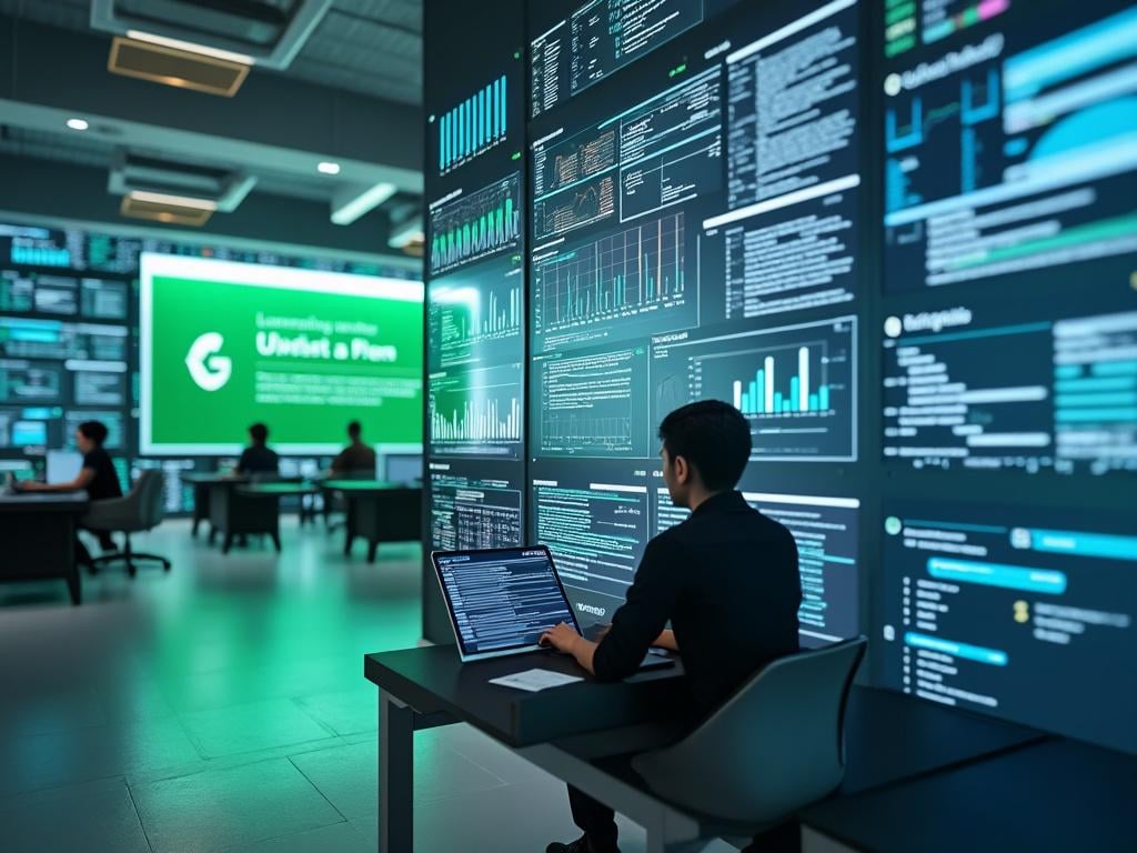 Man working on a laptop with data and graphs displayed on large screens in a high-tech office environment.