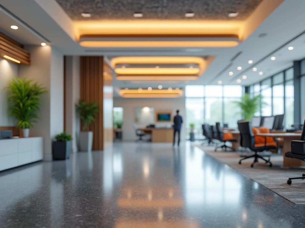 Oficina moderna con muebles elegantes, plantas decorativas y luces cálidas.