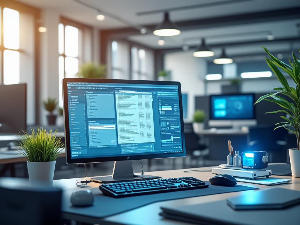 Oficina moderna con una computadora de escritorio, teclado, y planta ornamental en un ambiente iluminado.