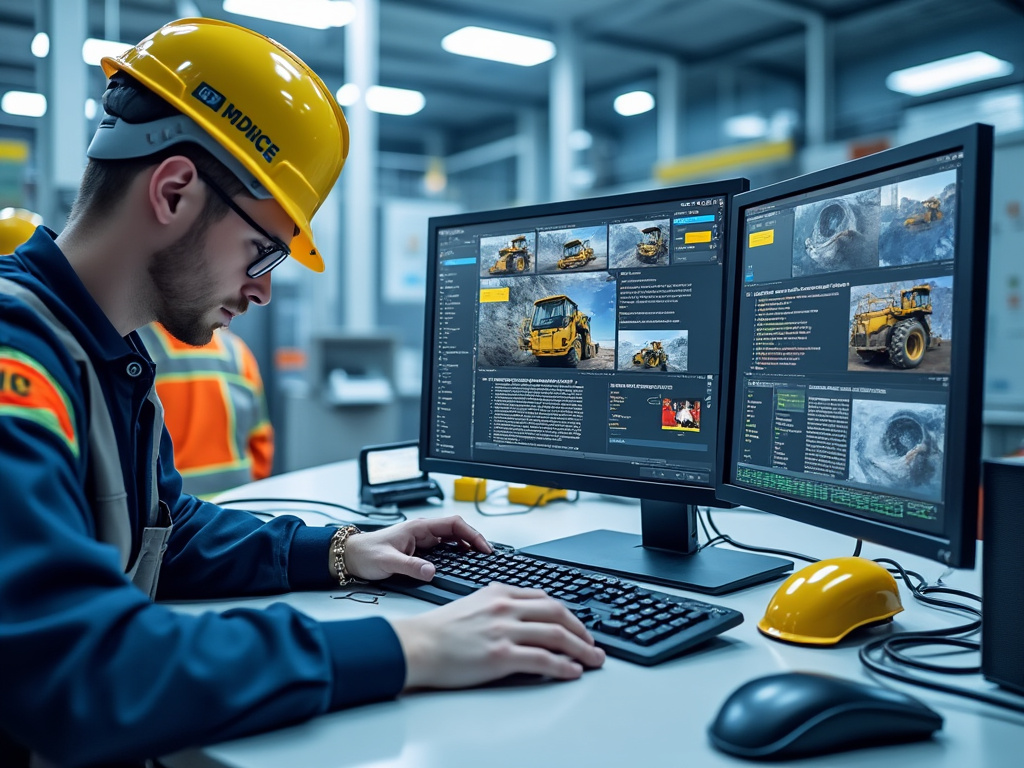 Ingeniero trabajando en computadora con dos monitores, usando casco de seguridad en entorno industrial.