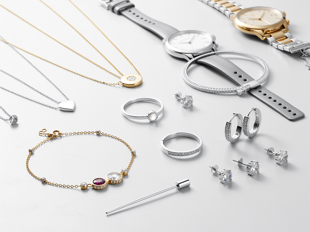 Colección de joyería elegante con relojes, collares, anillos, pulseras y pendientes de oro y plata con brillantes Colección de joyería elegante con relojes, collares, anillos, pulseras y pendientes de oro y plata con brillantes