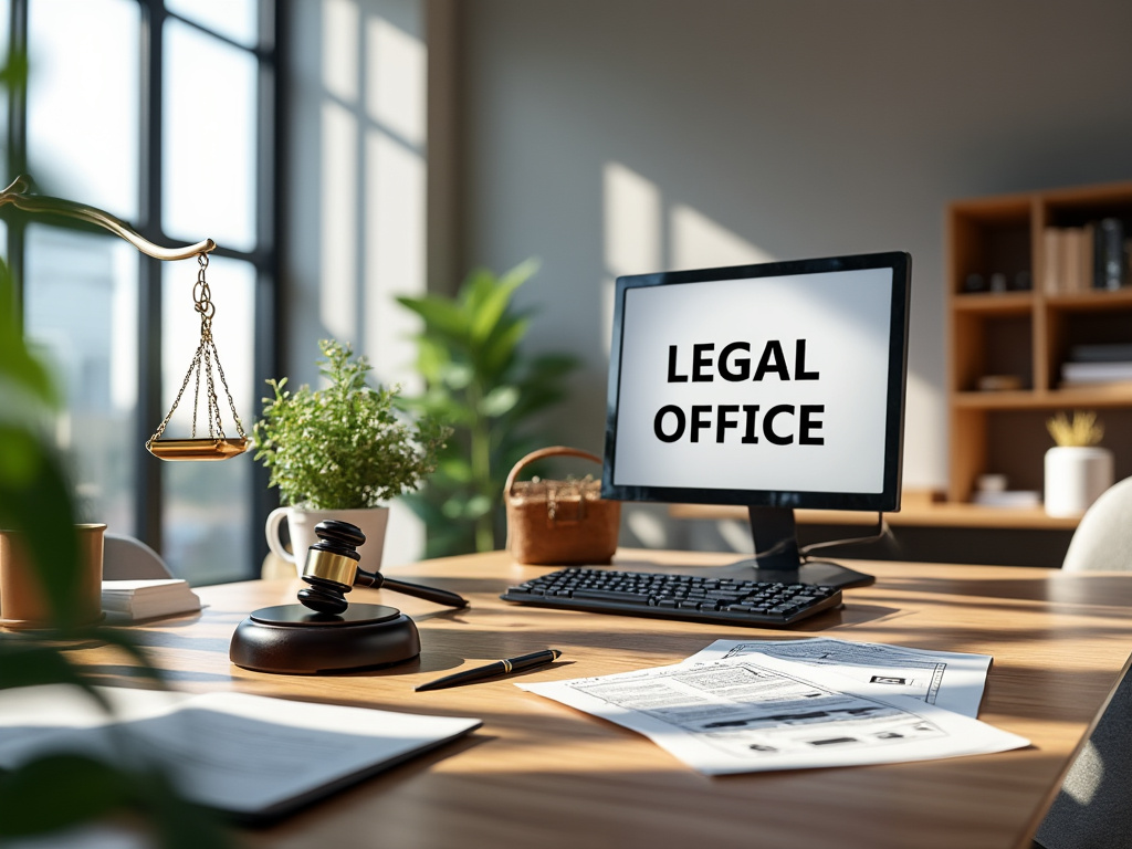 Oficina legal con balanza, computadora y documentos en un entorno moderno. Oficina legal con balanza, computadora y documentos en un entorno moderno.