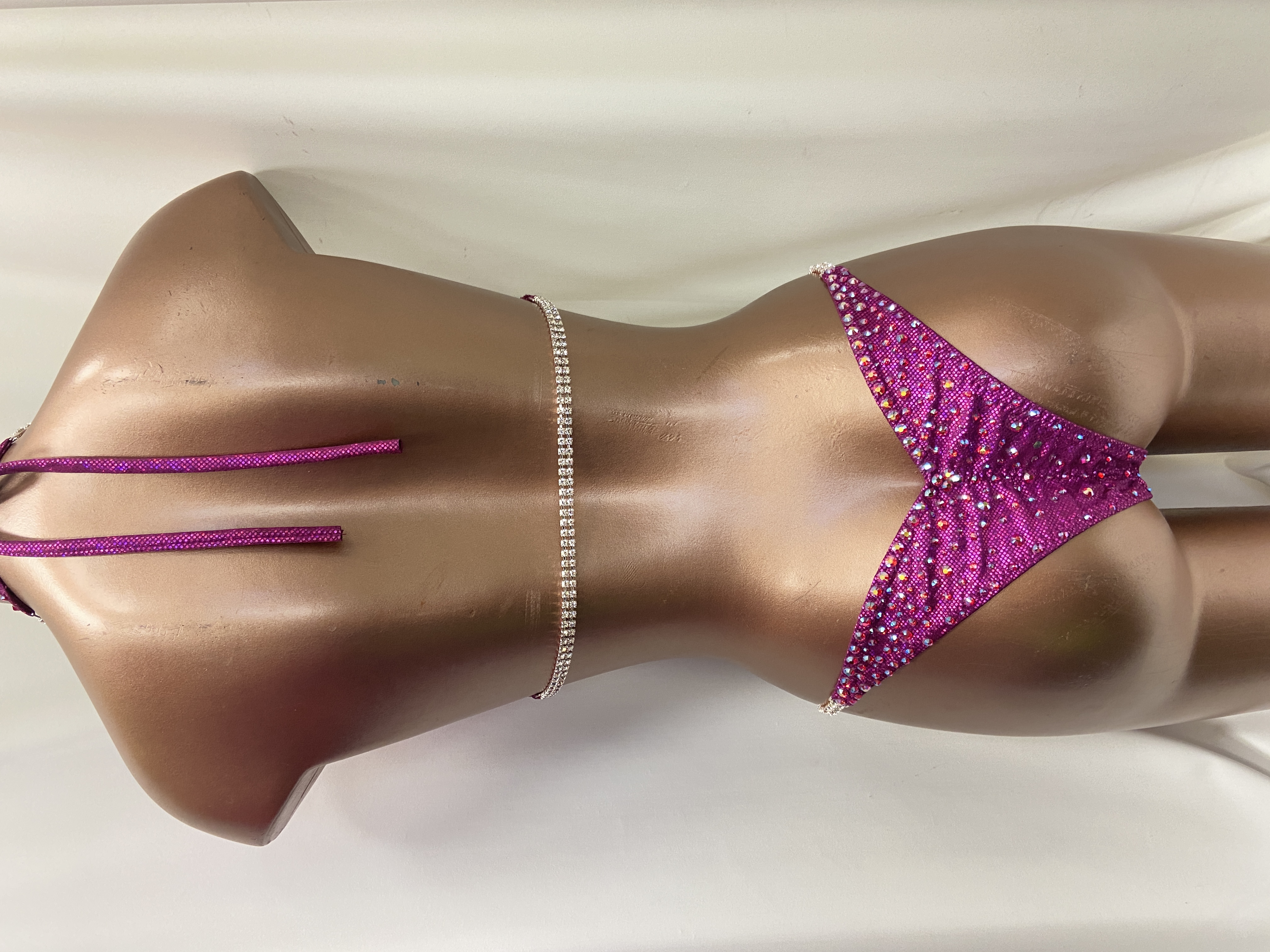 $400 Deep Fuschia shattered hologram 
D top banded 
medium front / xsmall back 
consignment, new not worn