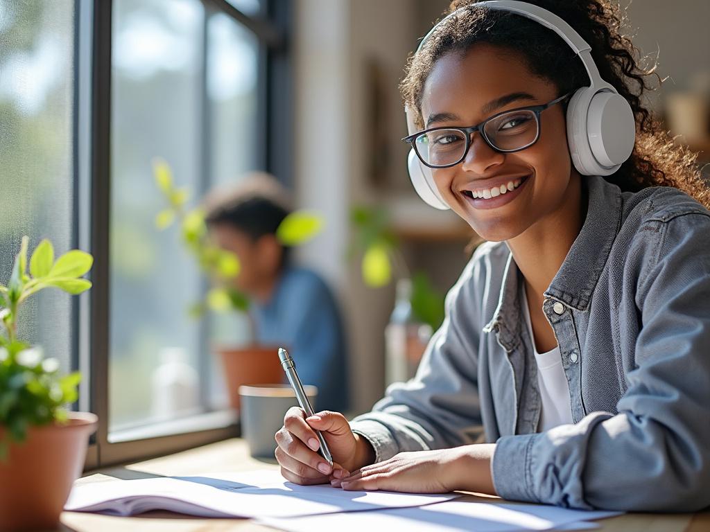 Smiling person wearing headphones studying with plants on desk by a window.