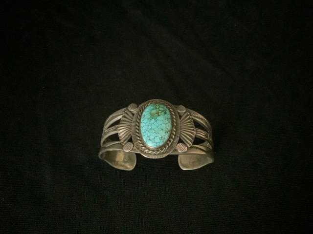 PRODUCT PROFILE:
Product No.:  21269
Description:  Navajo silver
 #8 turquoise stone bracelet
PRODUCT NARRATIVE :
