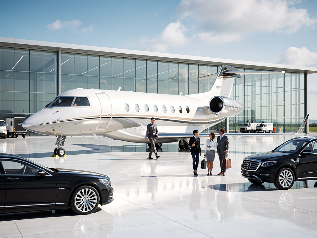 Jet privado blanco frente a hangar moderno con ejecutivos y coches de lujo en la pista