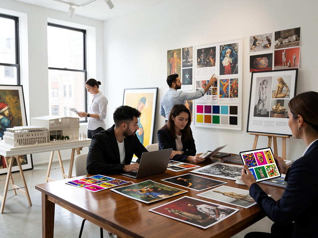 Equipo creativo en estudio de arte revisando diseños, pinturas, paletas de color y maquetas arquitectónicas