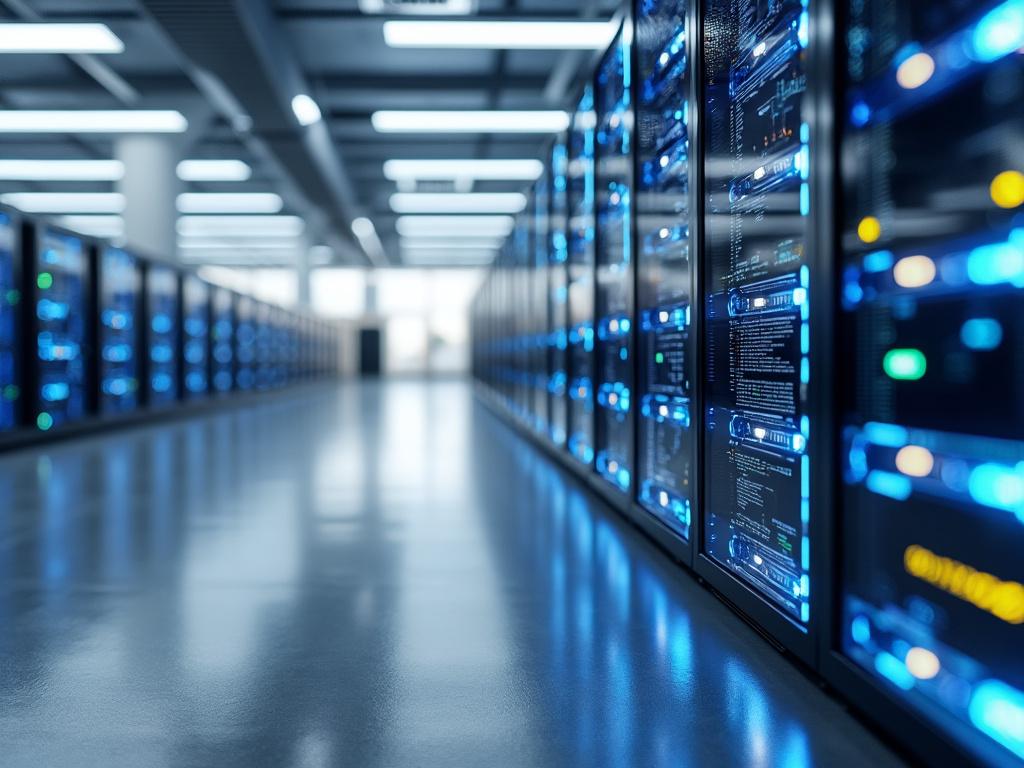Interior of a modern data center with illuminated server racks and blue LED lights.