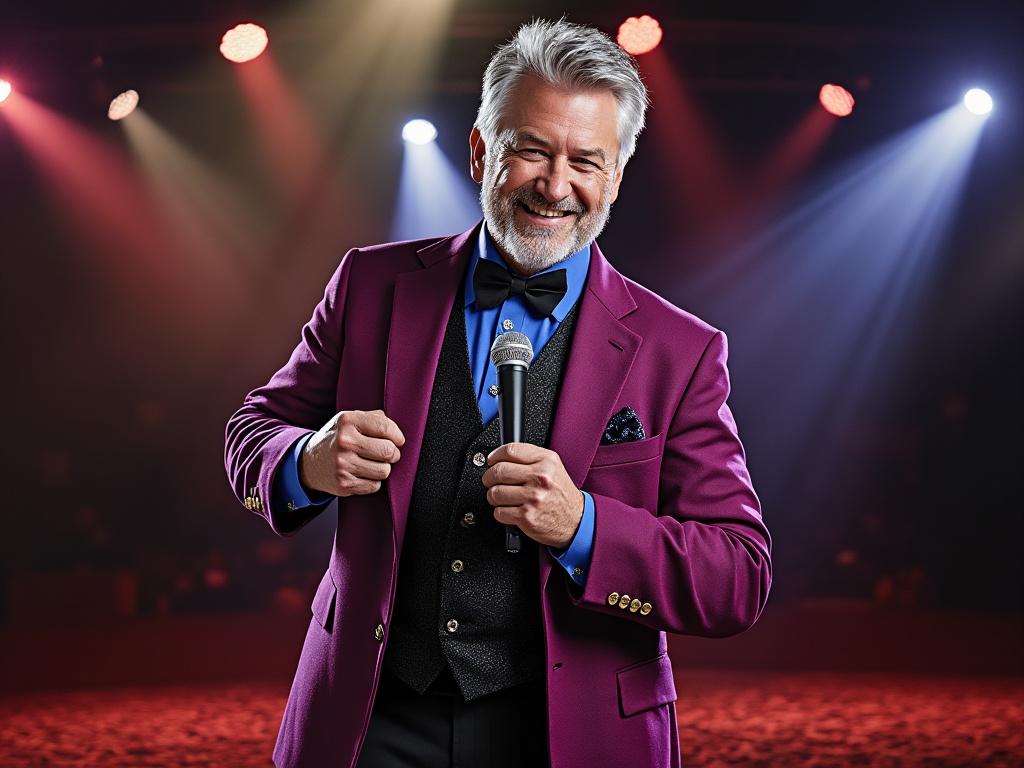 Man in a purple suit with a microphone on stage, under colorful spotlights. Man in a purple suit with a microphone on stage, under colorful spotlights.