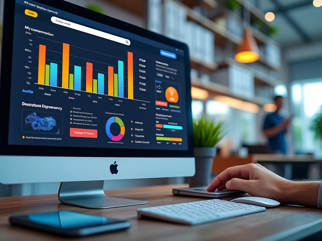 Person using desktop computer with data analytics dashboard displaying colorful charts and graphs in modern office.