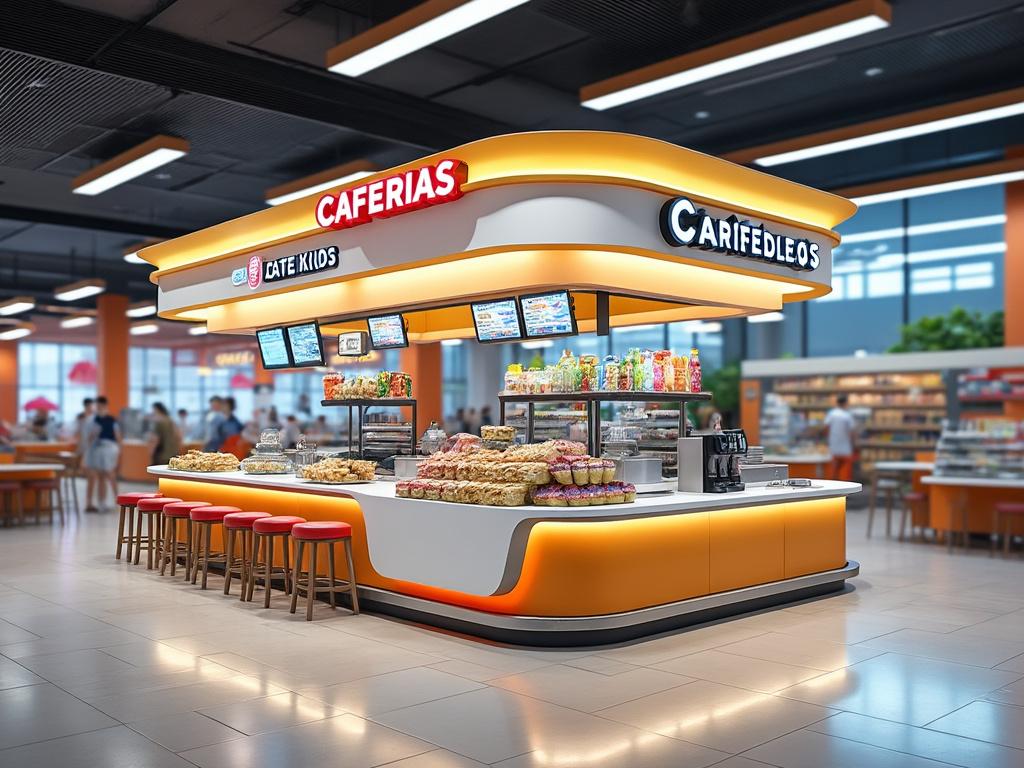 Cafetería moderna en centro comercial con mostrador iluminado y variedad de alimentos y bebidas.