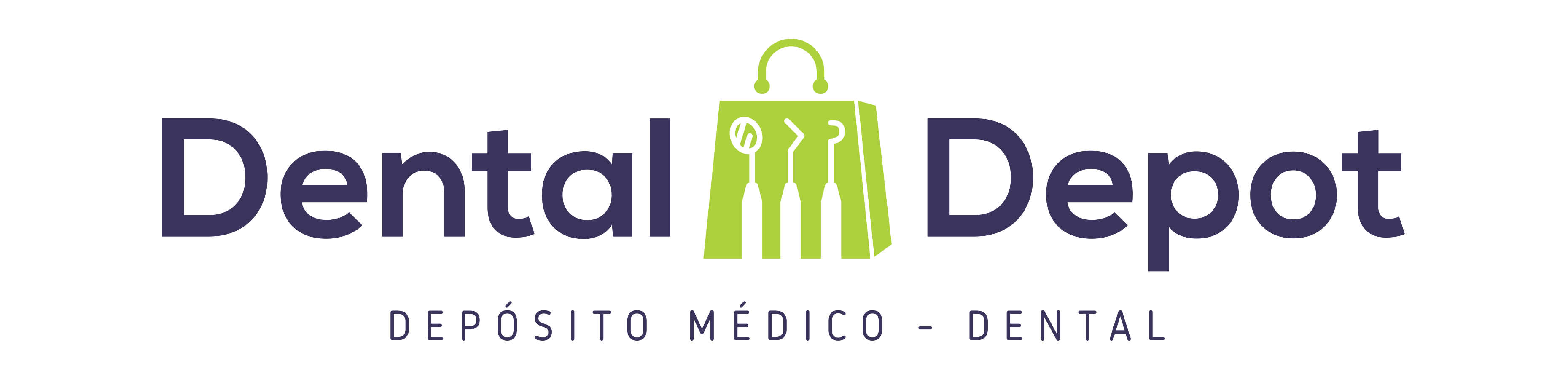 Logotipo de Dental Depot con icono de instrumentos dentales y texto 'Depósito Médico - Dental' en colores morado y verde.
