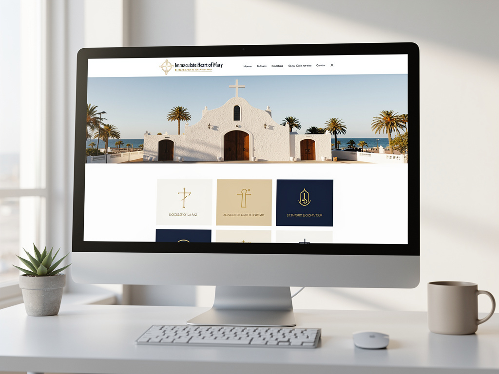 Ordenador de escritorio mostrando sitio web de iglesia Inmaculado Corazón de María con fachada blanca, cruz y palmeras