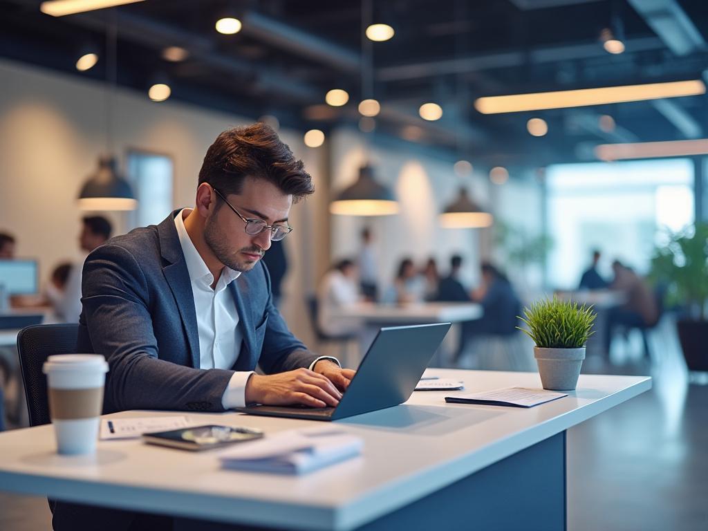 Hombre trabajando en laptop en oficina moderna con iluminación colgante, planta en escritorio y personas en el fondo. Hombre trabajando en laptop en oficina moderna con iluminación colgante, planta en escritorio y personas en el fondo.