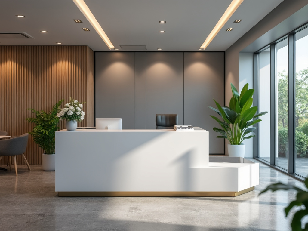 Recepción moderna con mostrador blanco, plantas verdes y decoración elegante, luz natural entrando por grandes ventanas.