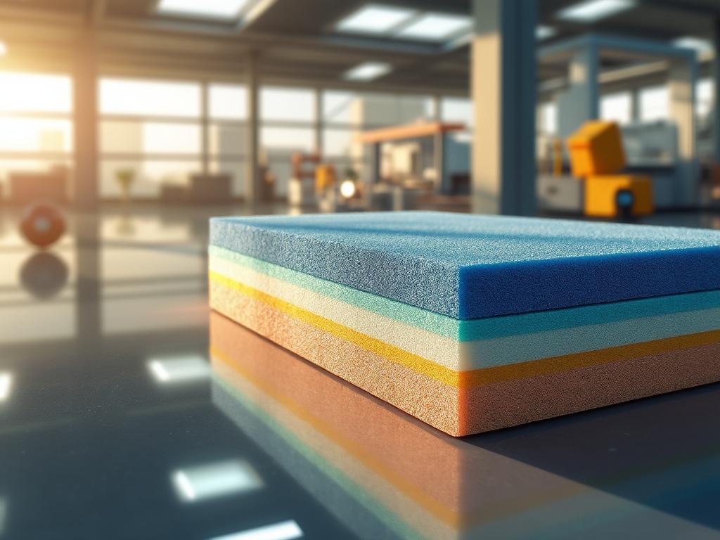 Paneles de espuma de colores apilados en una fábrica iluminada por luz natural