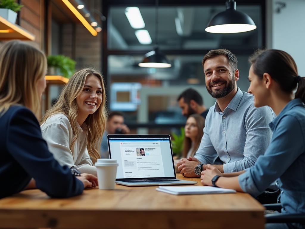 Grupo de personas en una reunión de trabajo con portátil en la mesa, oficina moderna.