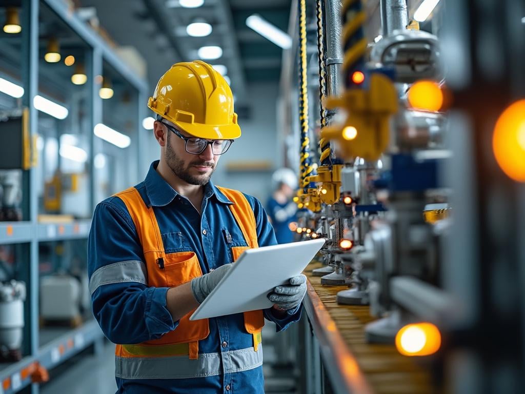 Trabajador industrial con casco amarillo y chaleco naranja revisando una tableta en una fábrica iluminada con maquinaria en funcionamiento.