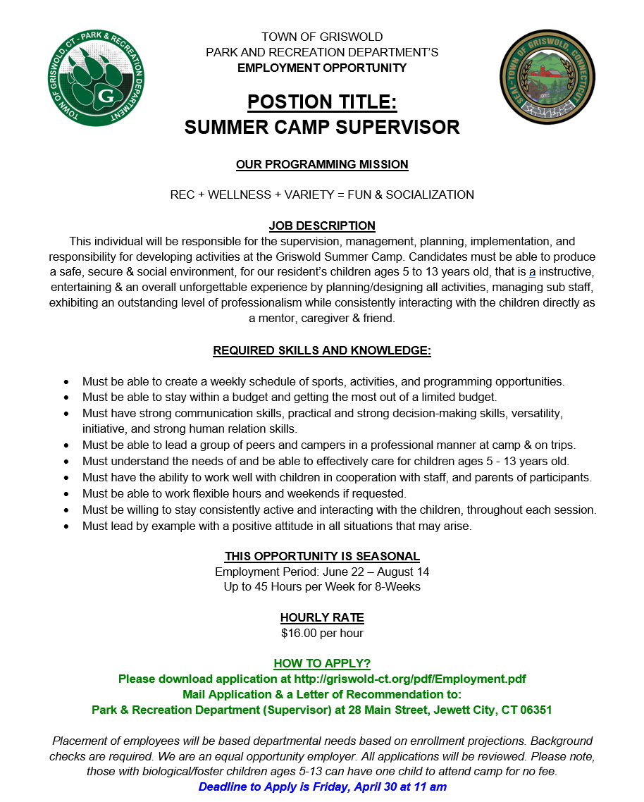 Griswold Ct Park Rec Youth Family Programming Events We Are Hiring 2 Job Openings May Apply For All