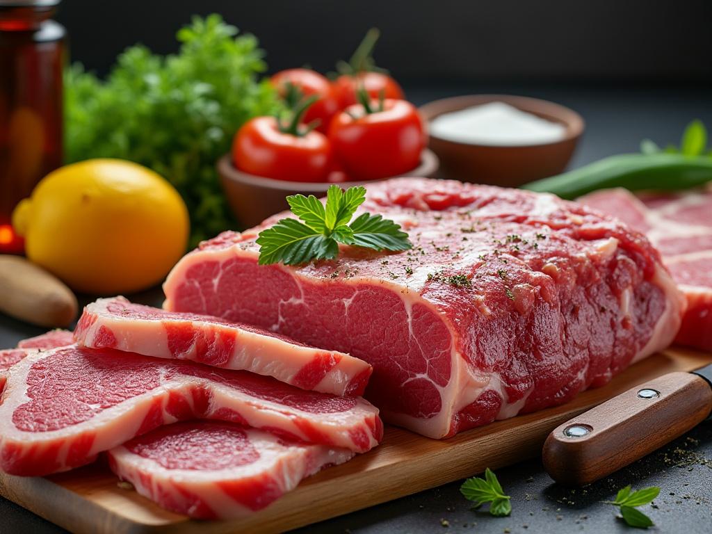 Corte de carne fresca sobre tabla de madera, rodeado de tomates, limón, y hierbas, en una cocina bien iluminada.