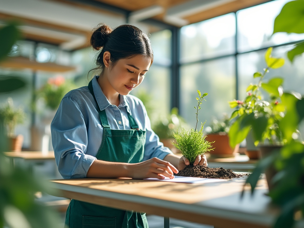 Mujer joven en invernadero plantando un pequeño arbusto en maceta, rodeada de plantas, con luz natural entrando por ventanas grandes.