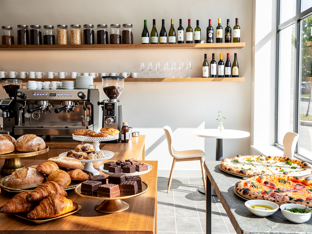 Cafetería moderna con croissants, pan, pasteles, chocolates, pizzas, máquina de café y botellas de vino en estantes