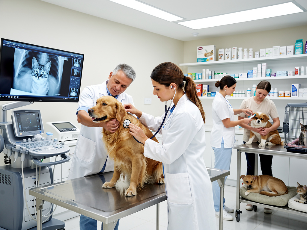 Veterinarios examinando perros y gatos en clínica veterinaria moderna con equipo de diagnóstico