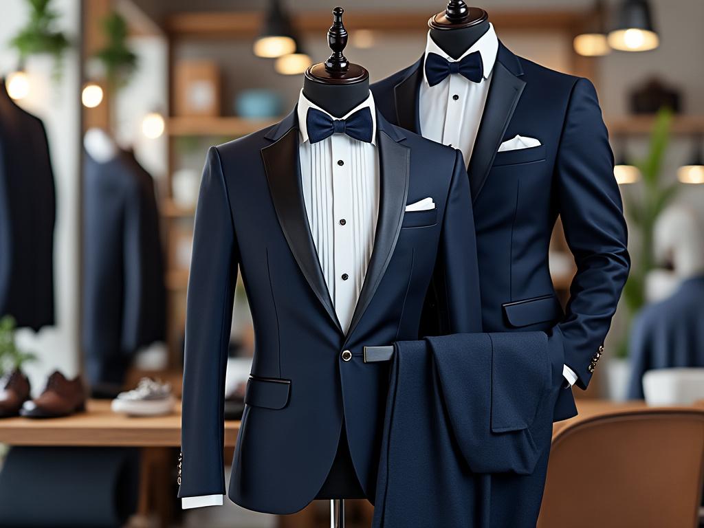 Dos elegantes trajes de etiqueta azul marino con pajaritas en un sofisticado showroom.