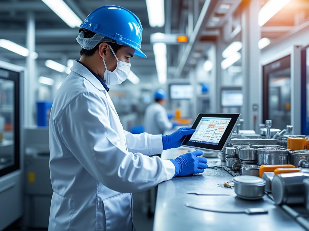 Ingeniero con casco azul y bata blanca revisa datos en una tableta en una fábrica moderna.