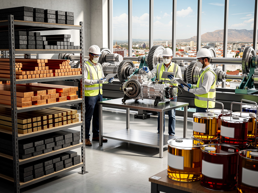 Ingenieros con casco inspeccionan un motor industrial en fábrica moderna con engranajes, materiales en estanterías y bidones químicos