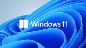 Logotipo de Windows 11 sobre fondo azul con diseño de ondas