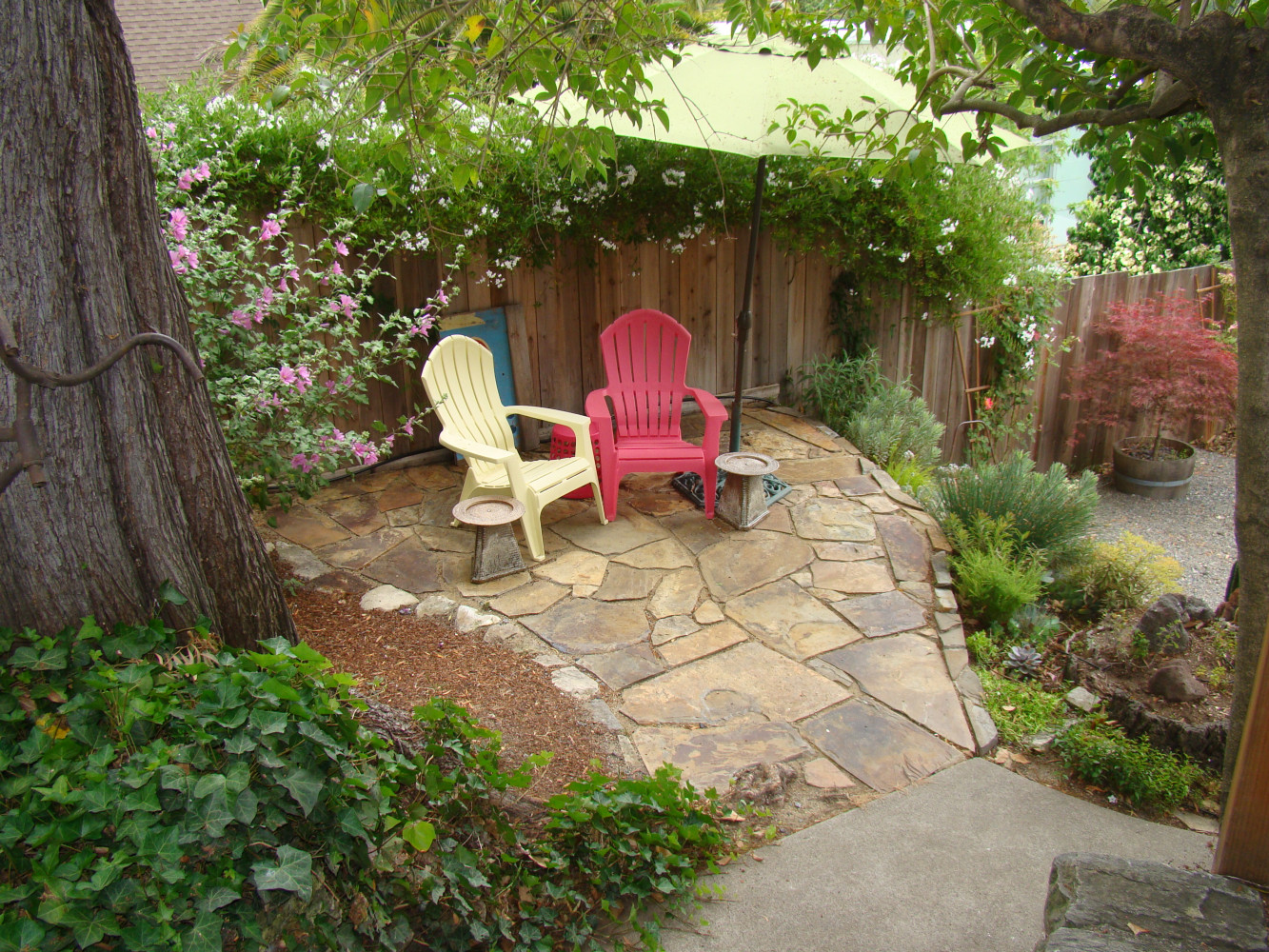 AFTER - Flagstone patio and succulent bed created to resolve surface tree root issues and create gorgeous, useful space