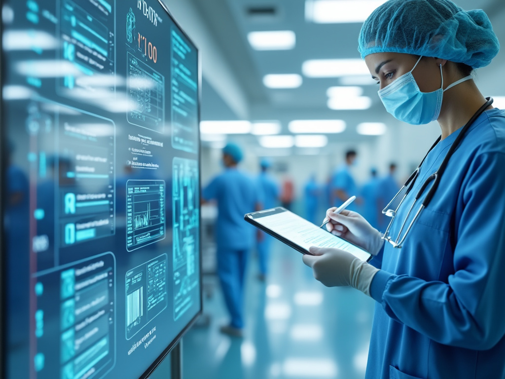 Doctora con mascarilla revisa datos en una tableta digital en un hospital.