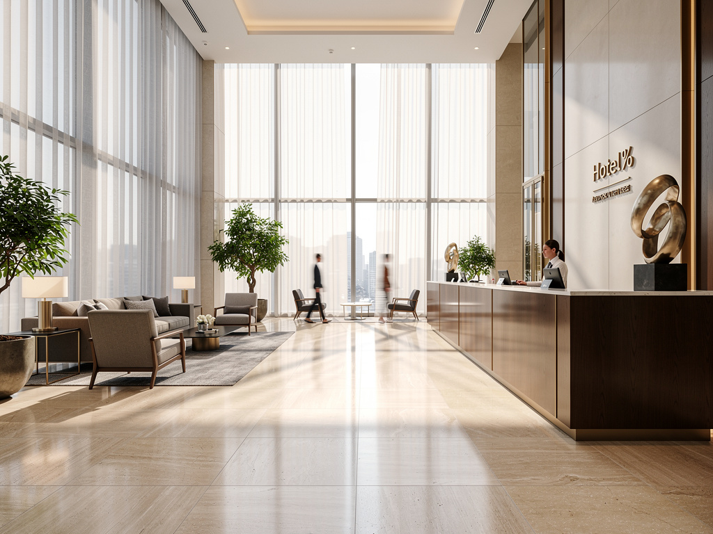 Vestíbulo de hotel moderno y luminoso con recepción, grandes ventanales, zona de espera elegante y plantas decorativas