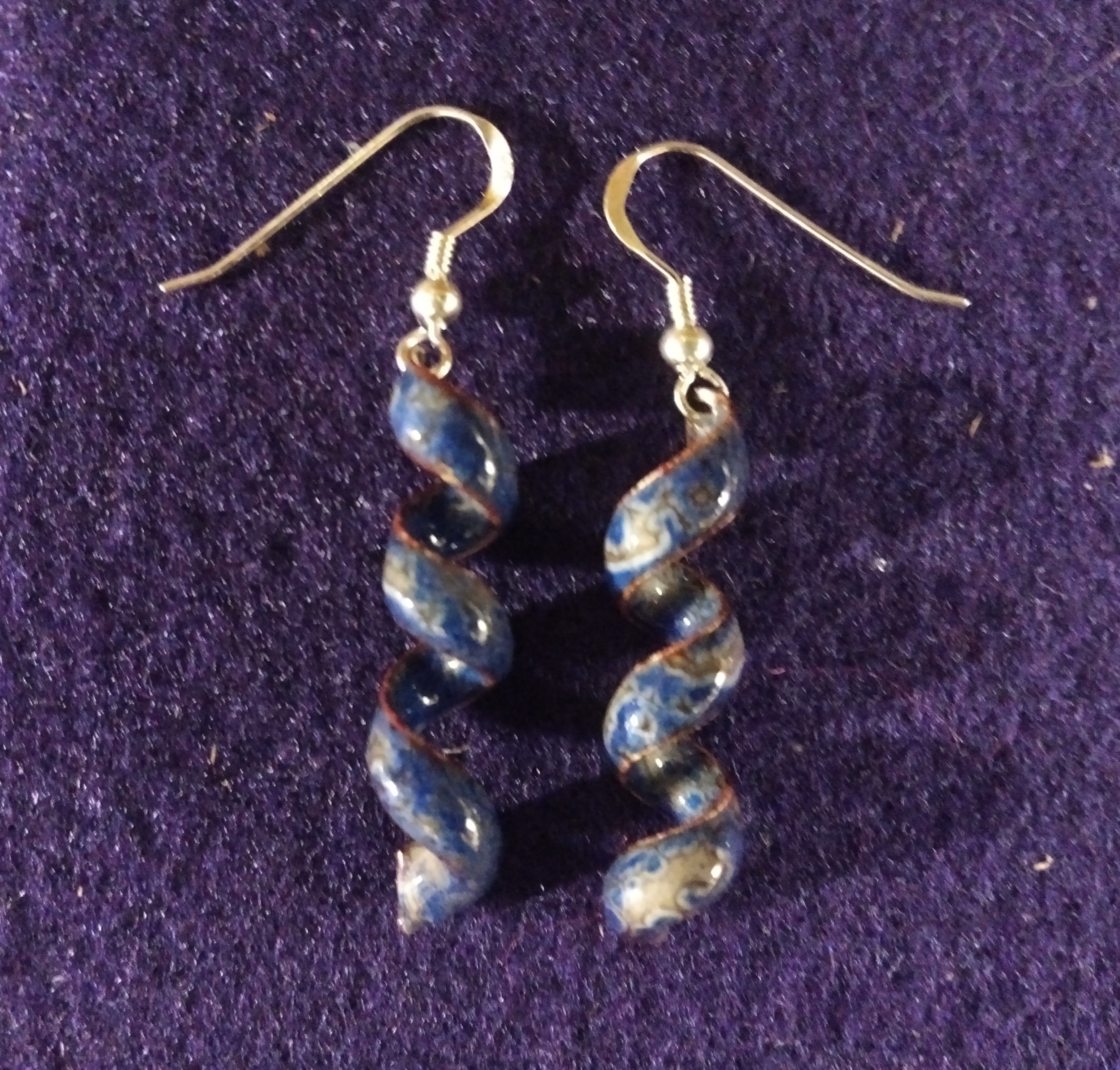 JE001-03 HELIX EARRINGS SAPPHIRE Torch Fired Copper Enamel with sterling earwires 43mm