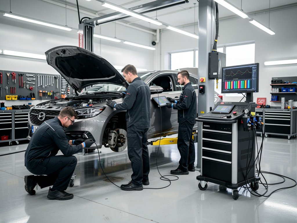 Mecánicos realizando diagnóstico electrónico y reparación de un coche en taller automotriz moderno con equipo especializado