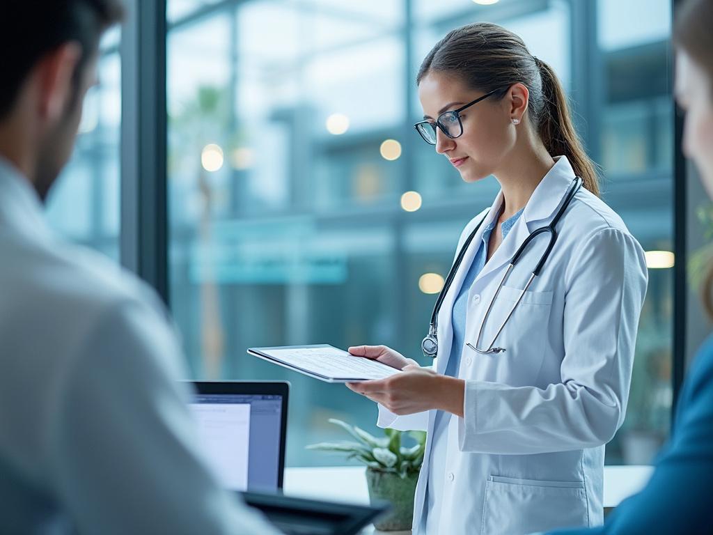 Doctora con estetoscopio revisando una tableta digital mientras conversa con colegas en un entorno de oficina moderno.