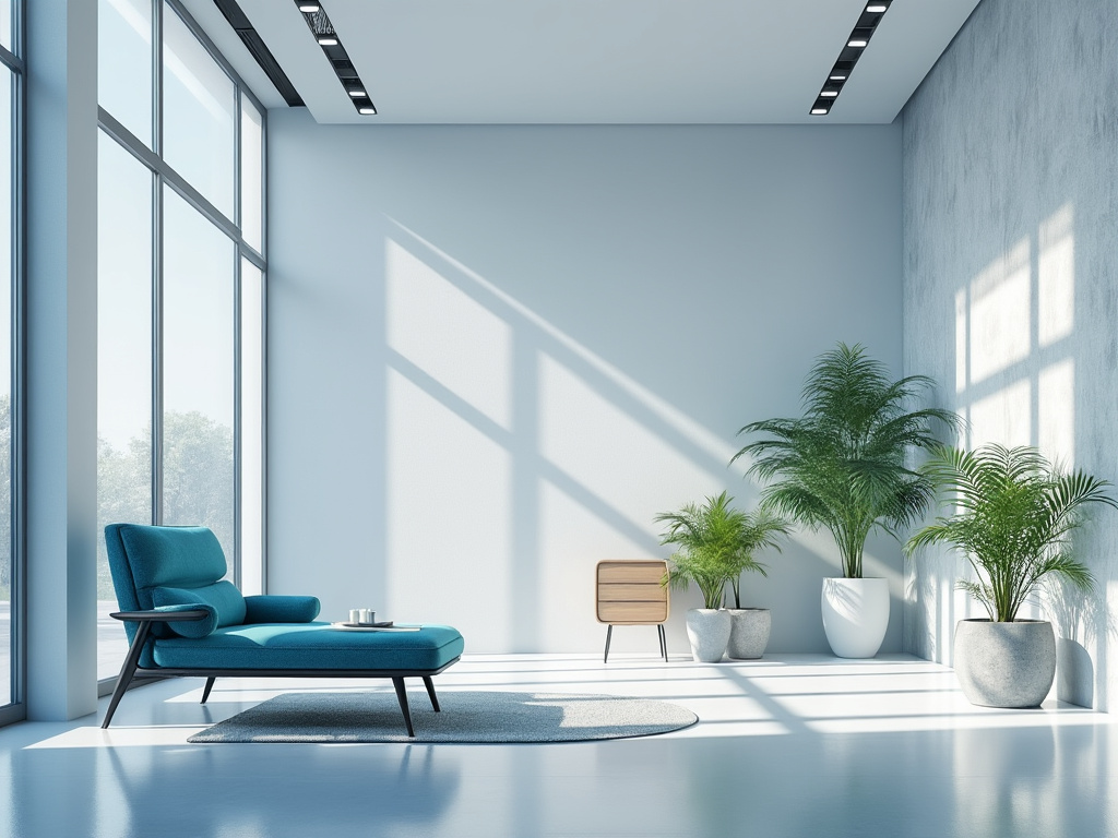 Salón moderno con sofá azul, ventanas grandes y plantas en macetas blancas.