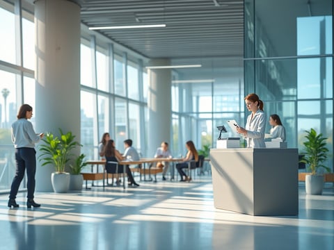 Oficina moderna con grandes ventanales, recepcionista en mostrador y personas trabajando en el fondo.