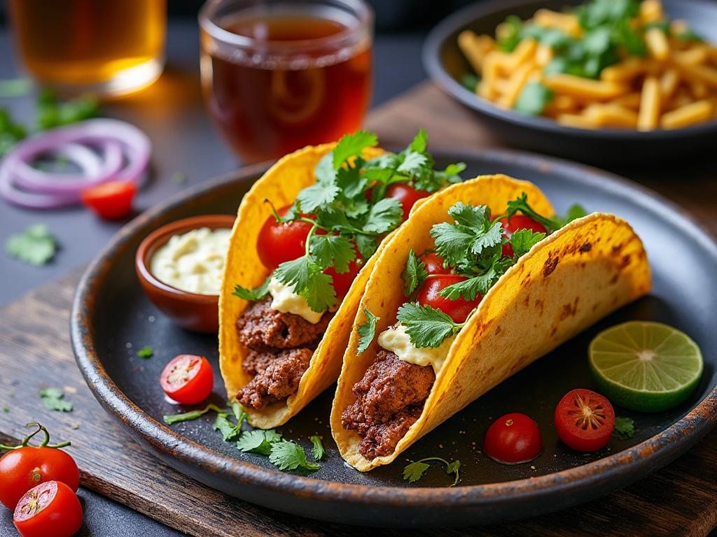 Tacos de carne servidos en un plato negro, acompañados de tomates cherry, crema y cilantro, con limón y papas fritas al fondo.