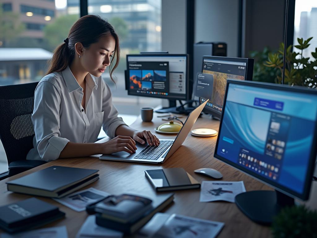 Mujer joven trabajando en una oficina moderna con varios monitores y portátil, rodeada de documentos y cuadernos.
