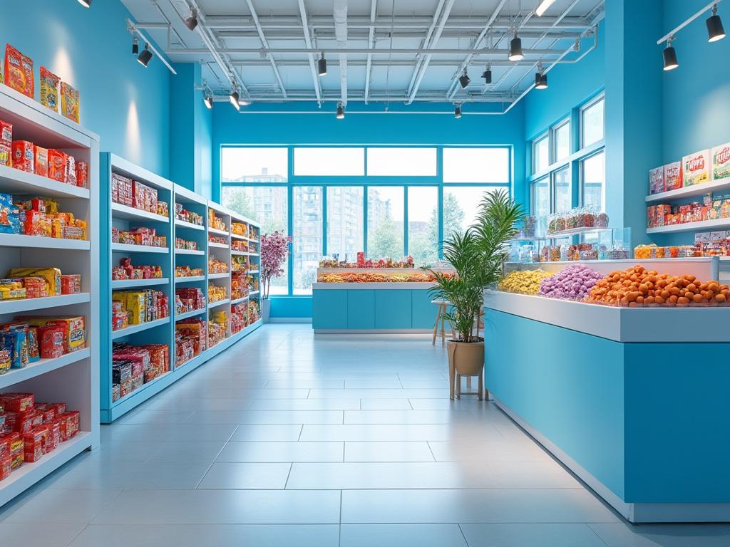 Interior de tienda de dulces con estantes azules llenos de golosinas, ventanas grandes y plantas decorativas.