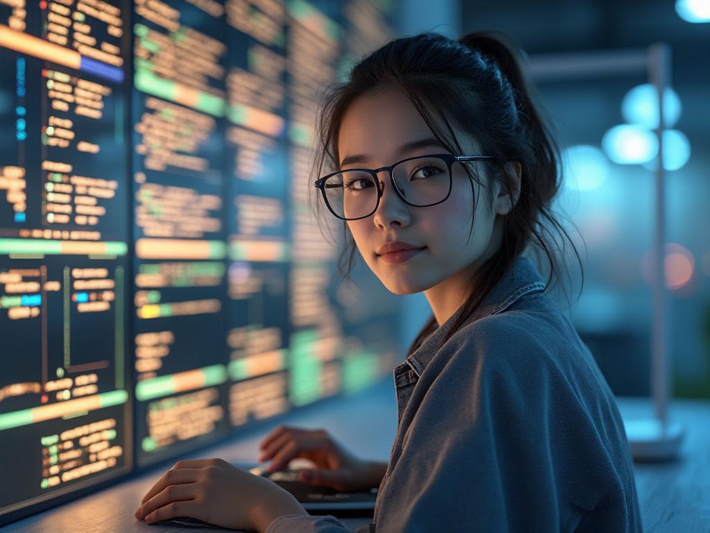 Mujer joven con gafas frente a una pantalla de computadora con líneas de código.