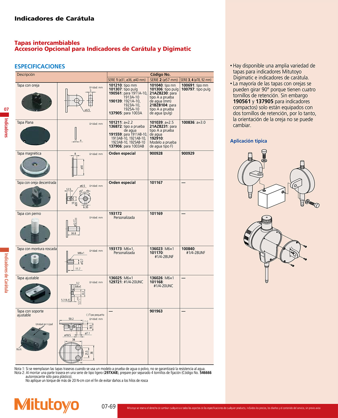 Tapas intercambiables para indicadores de caratula 
y digimatic
