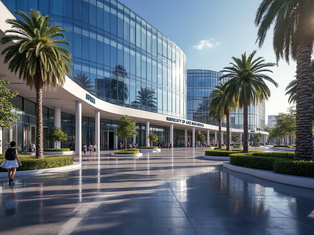 Vista de un moderno edificio de oficinas con fachada de vidrio, rodeado de palmeras y jardines, en un día soleado.