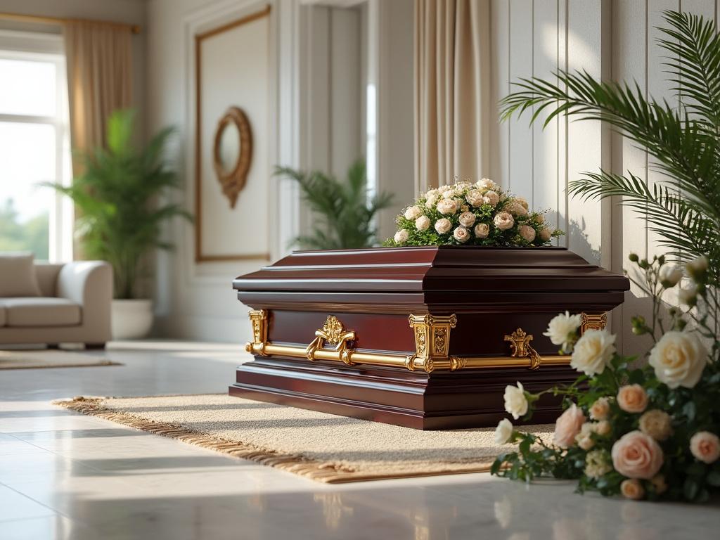 Ataúd de madera con detalles dorados y rosas blancas en una sala elegante decorada con plantas.