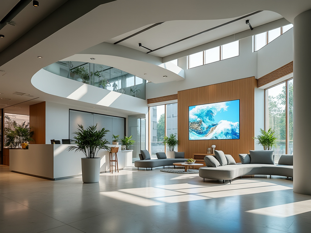 Moderno vestíbulo con muebles minimalistas, plantas decorativas y gran ventanal que ilumina el espacio.